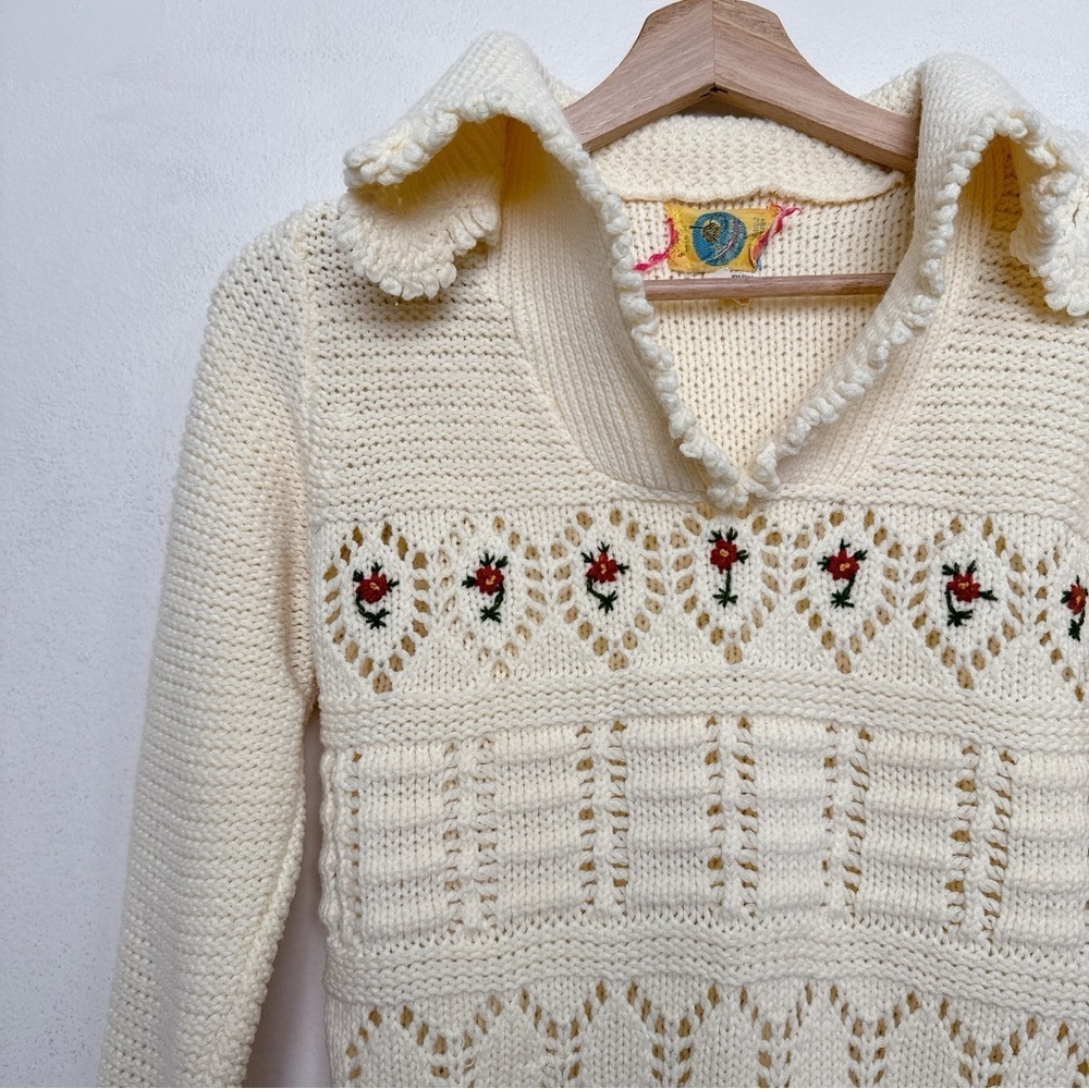 Beewear Womens Small Vintage Open Crochet Ivory Floral Collar Sweater - Picture 9 of 15